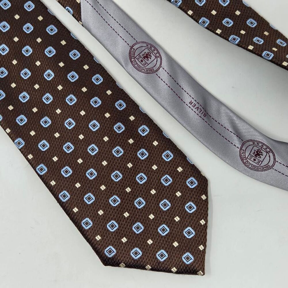 ERMENEGILDO ZEGNA SILK TIE BROWN GEOMETRIC LUXURY SATIN 3.5" X 59" RECENT